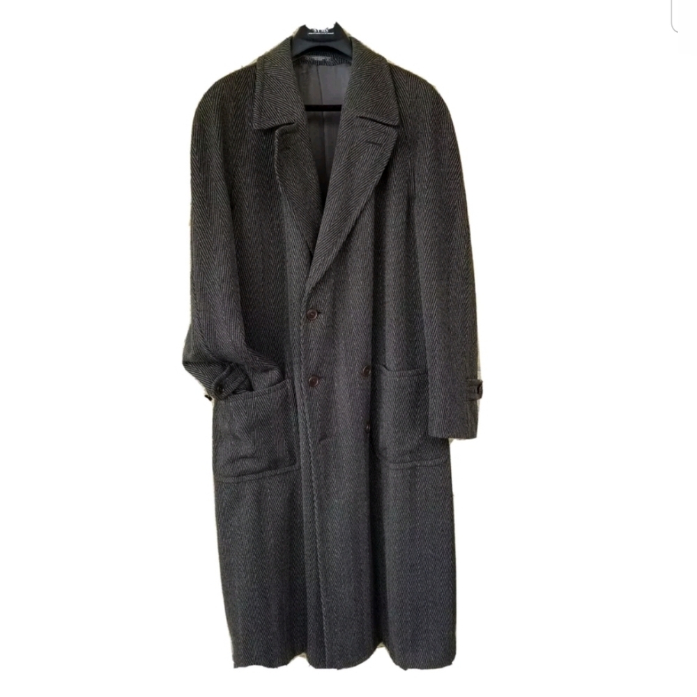 VALENTINO COUTURE. 90'S MEN'S  DESIGNER LONG HERRINGBONE COAT. ITALIAN 52L